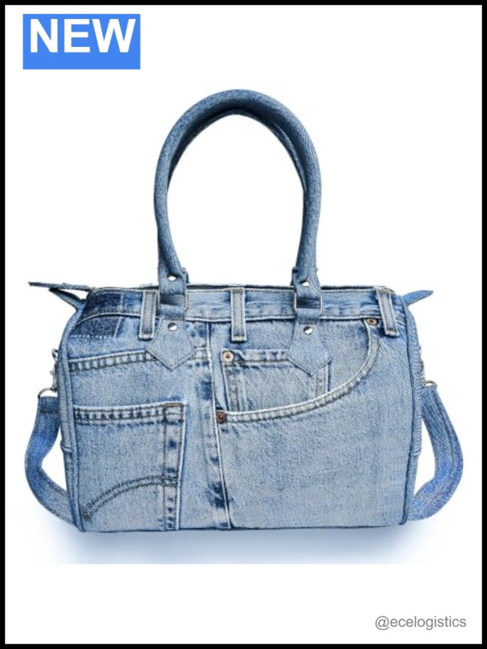 Upcycled Large Denim Bowler Handbag 14 inch Top Handle Shoulder Strap